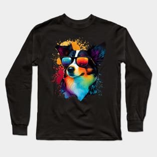 Colourful Cool Border Collie Dog with Sunglasses Long Sleeve T-Shirt